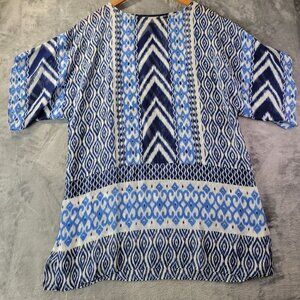 Chico’s Women’s‎ S Top Blue White Ikat Boho Relaxed Fit Lagonlook Layered Sheer